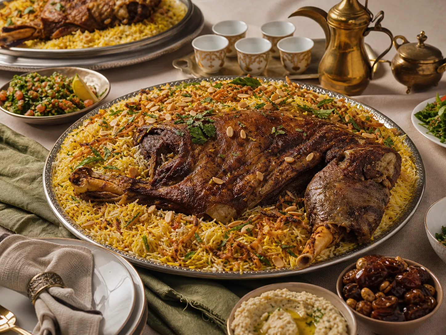 صحن ولائم كبير بالأرز واللحم مع مقبلات وقهوة سعودية